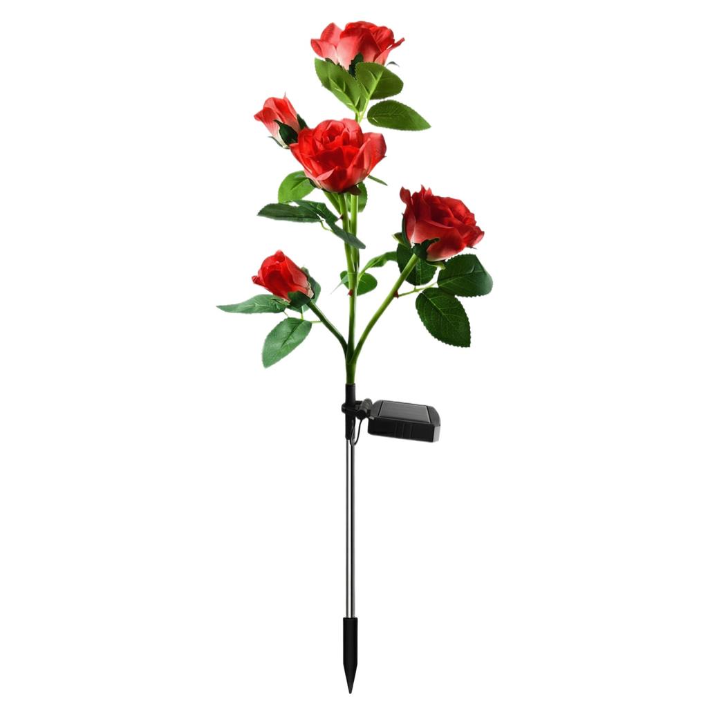 Solarbetriebene künstliche Rosenblüten-Stange 5 Köpfe Gartendekoration Pflanze mit realistischen Blättern und stabilem Erdspieß für Außen- und Innenbereich