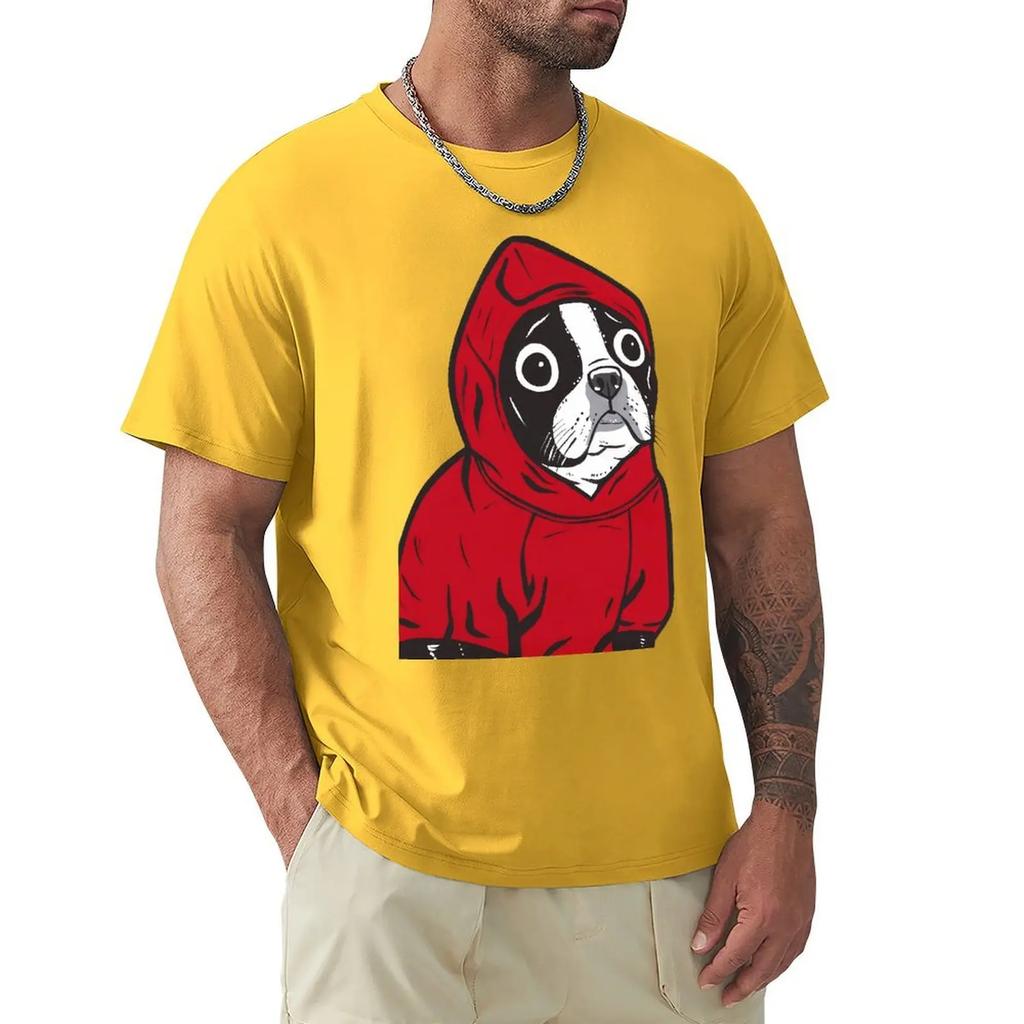 Funny Boston Terrier In A Red Hoodie French Bulldog T-Shirt Men O Neck Pure Cotton T Shirts Funny Dogs Tees Clothing
