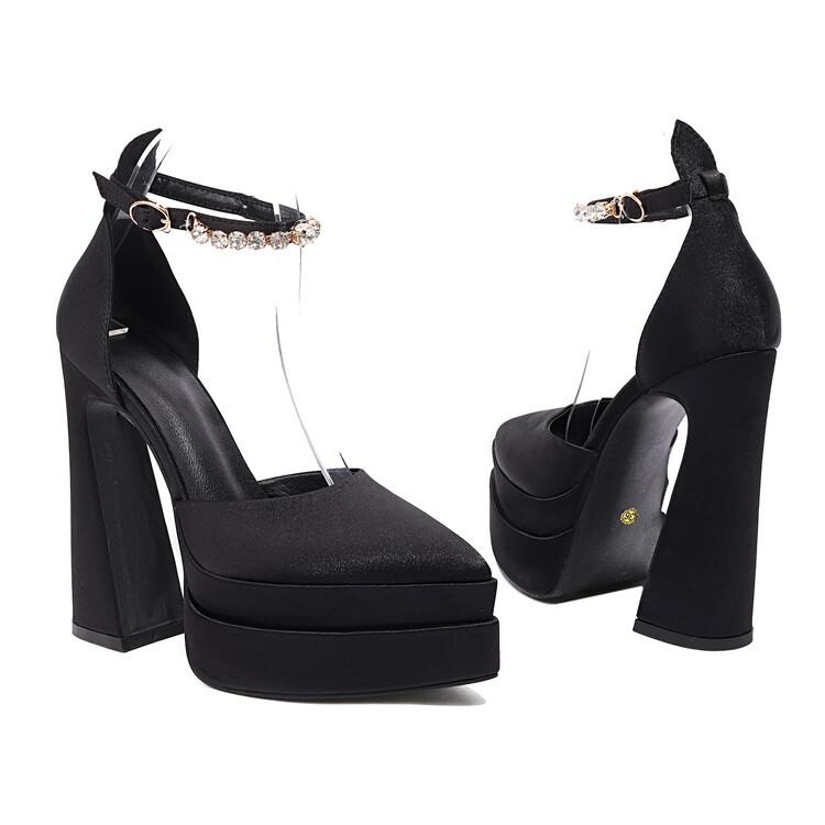 

Женские туфли-лодочки из искусственной кожи на платформе, на очень высоком каблуке с острым носком, состоящие из двух частей с кристаллами и пряжкой, вечерние пикантные весенне-осенние туфли 35 чёрный