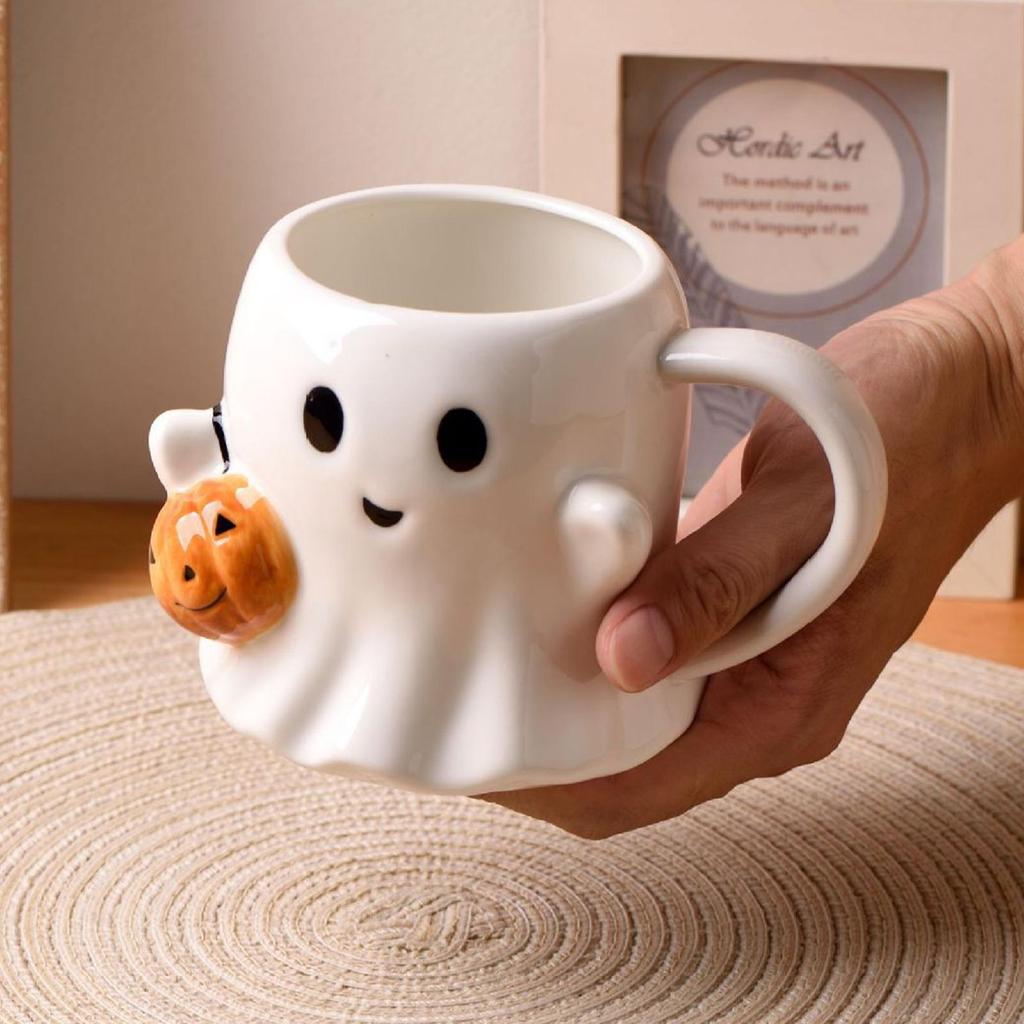 Süße Halloween-Kürbisgeister Keramiktassen Keramik-Trinkglas mit Henkel Halloween Lustige Weiße Geister Kaffeetasse