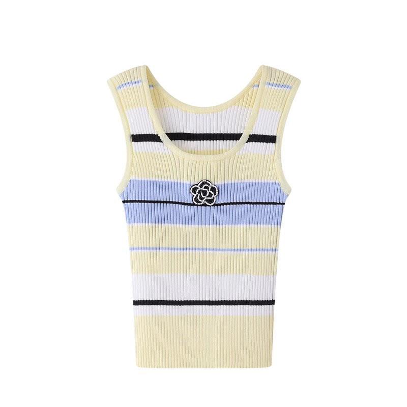 Women Flower Beading Tank Tops Striped Casual Summer Vest Ladies Summer Tops Knit Vest Top Knitwear B-090