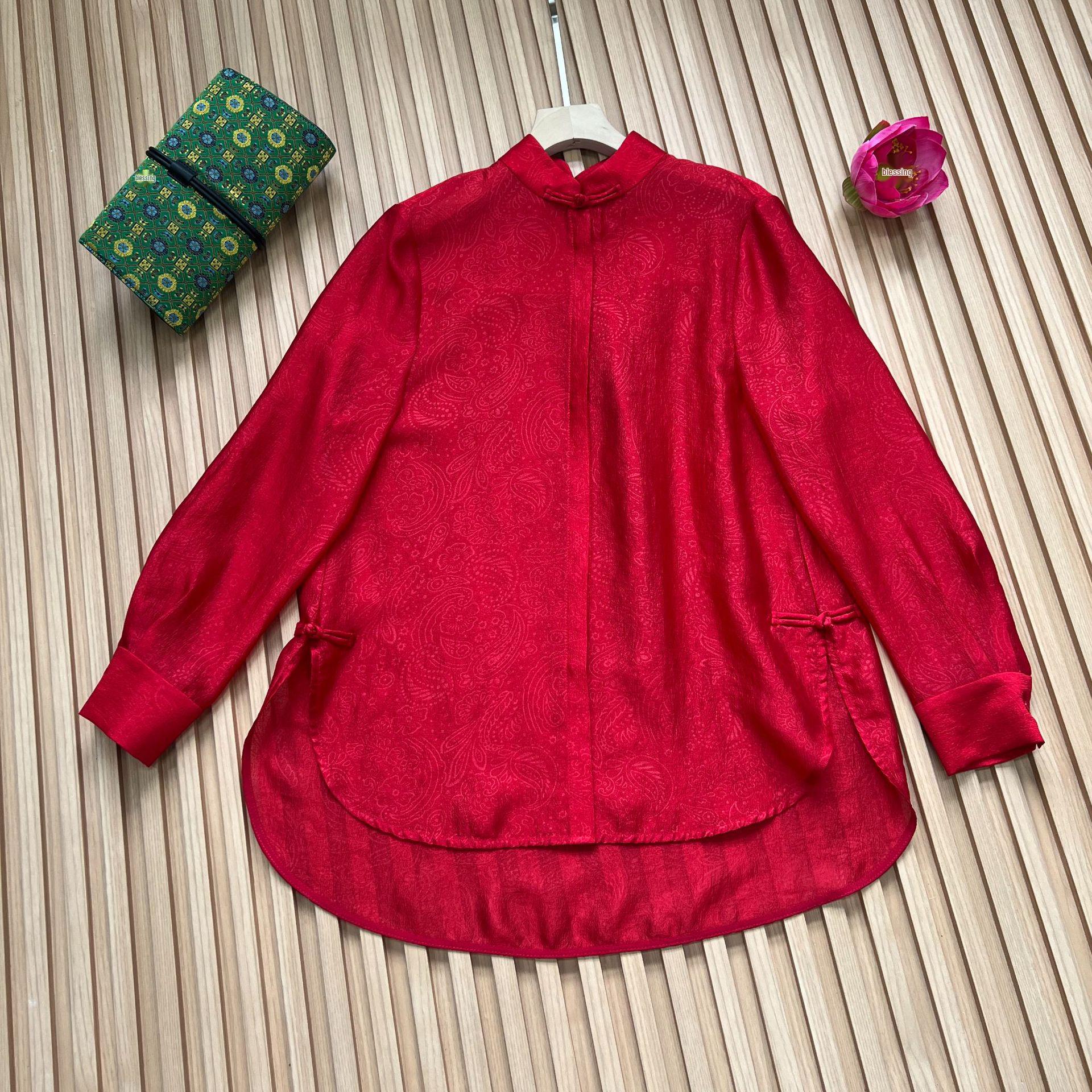 

8043 Spring Silk Top: 4 Colors, Chinese Style, Stand Collar, Printed Long Sleeve, Sizes S-XXL, No Returns/Exchanges L красный