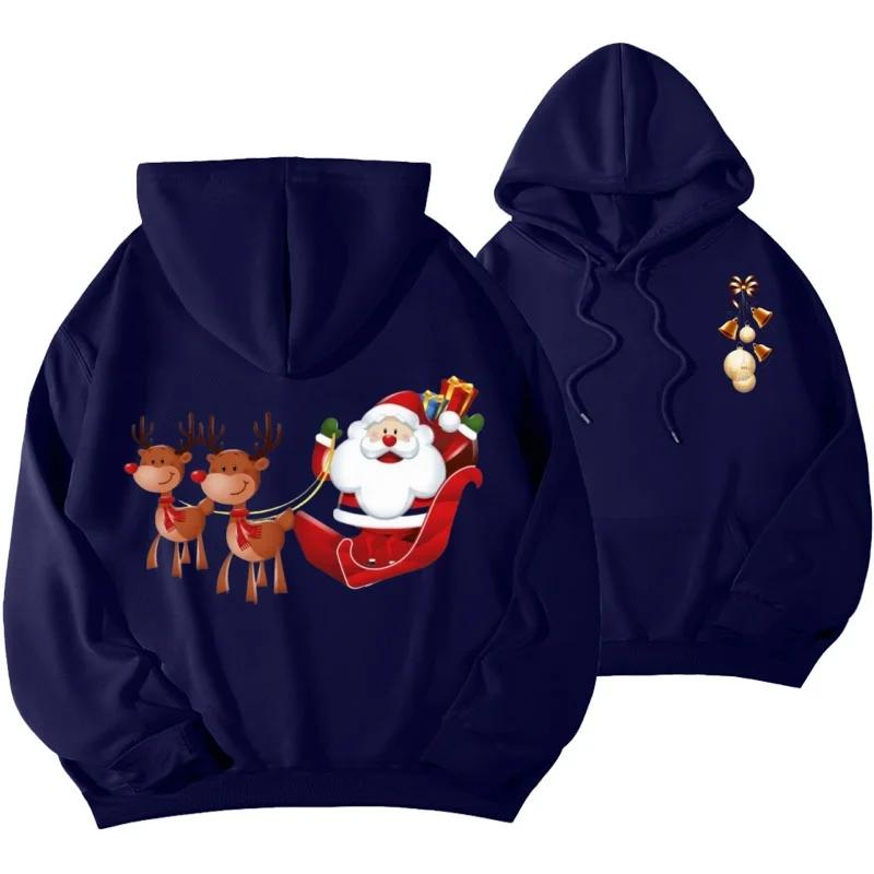 Cute Cartoon Flying Reindeer Santa Claus Graphic Unisex Hooded Sweatshirt, Loose-fit Winter Xmas Streetwear