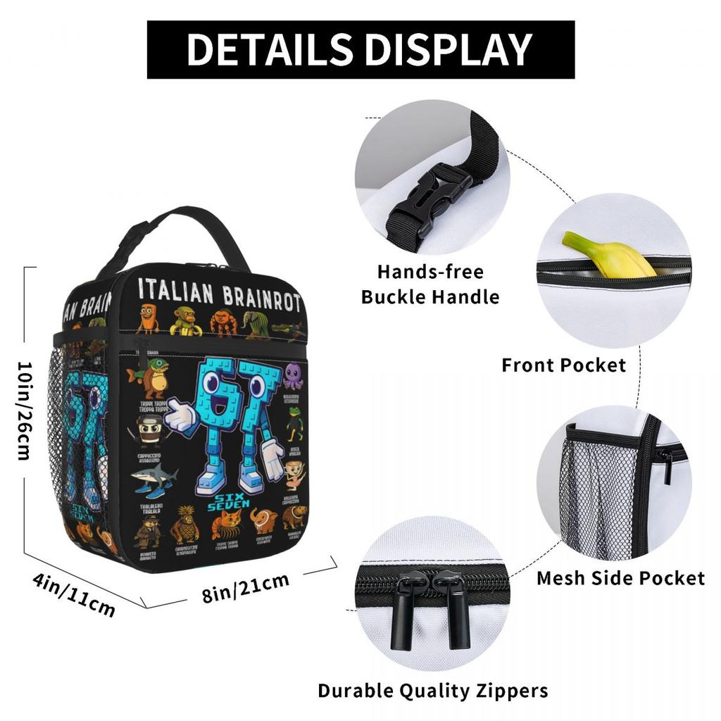 67 Six Seven 6-7 Funny Italian Brainrot Insulated Lunch Bags Food Container Bags Portable Thermal Cooler Lunch Boxes For Work