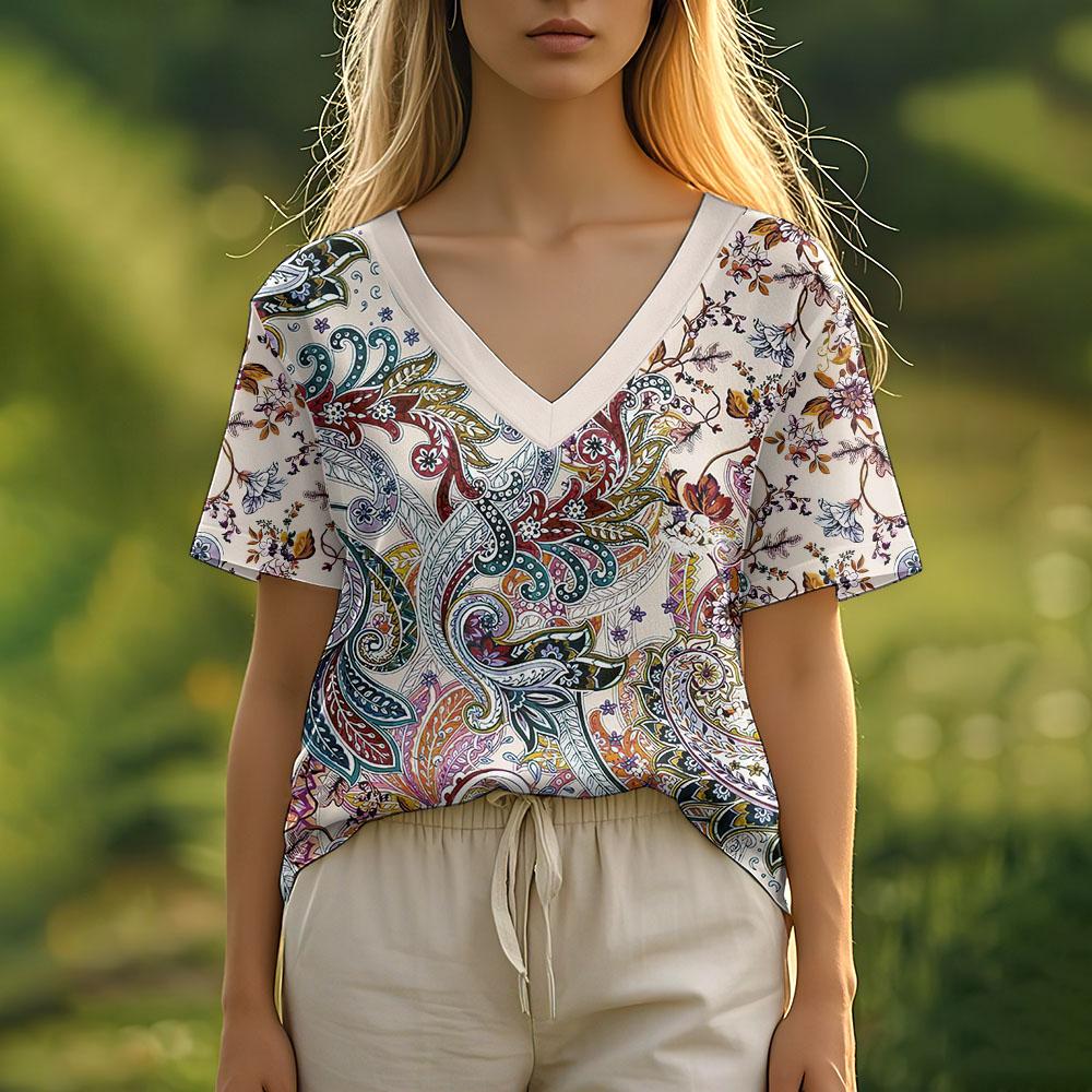 Women's T Shirt Summer Casual Short Sleeve V-Neck Tee Fashion Streetwear Ethnic Harajuku Female Oversized Clothing