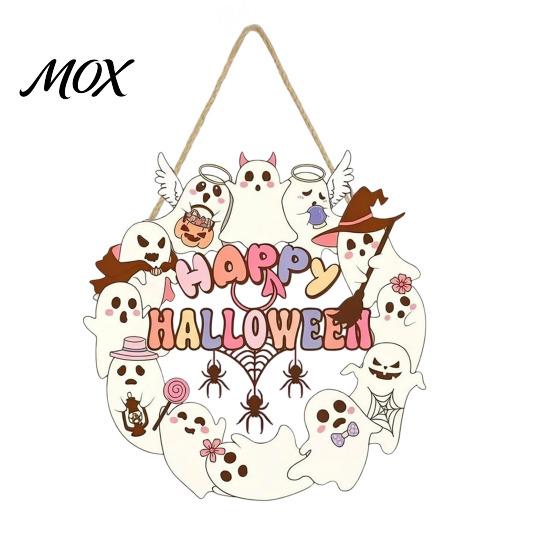 Scary Party Supplies Halloween Wooden Wreath Door Hanger Sign, Pumpkin Ghost Black Cat Witch Rustic Wall Art Bat Patterns, Hanging Plaque for