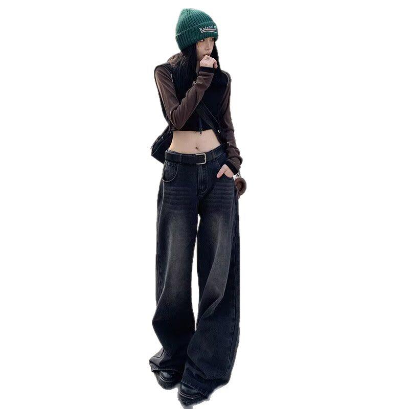 2025 Smoke Gray High-Waisted Wide-Leg Jeans: Trendy Spring Drapey Pants