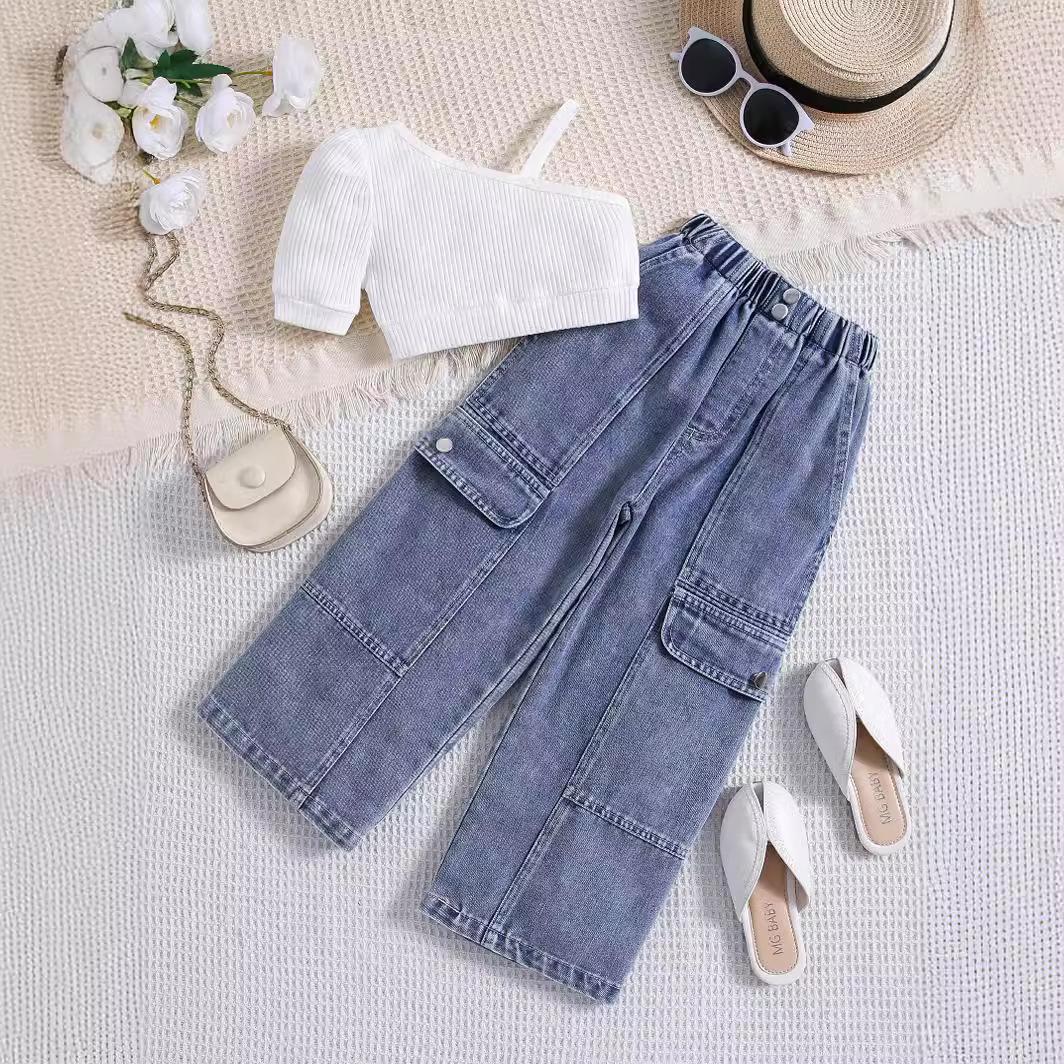 

Комплект одежды для девочек: Летний детский однотонный свитер с короткими рукавами и открытыми плечами, комплект из двух предметов из денима с множеством пуговиц 90cm белый