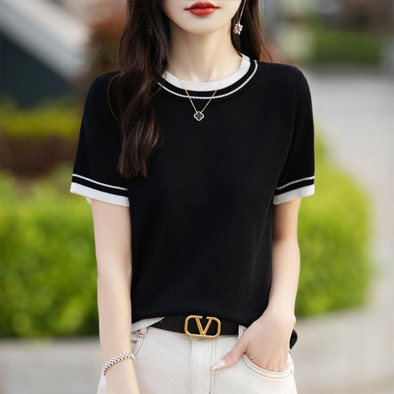 Women's Summer Thin Color Matching Round Neck Short Sleeve Knitted Bottom Top