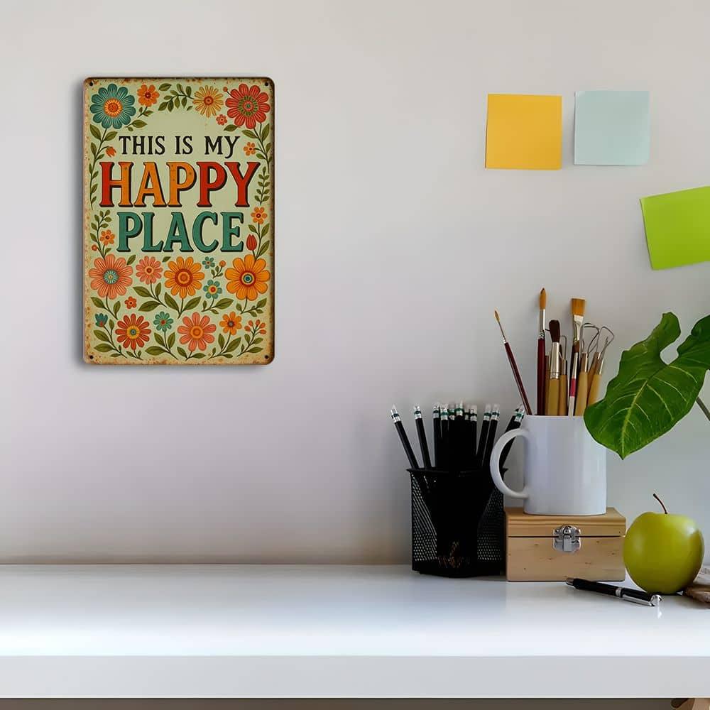 "Happy Place Welcome" Rustic Metal Sign, 8x12 Inch.