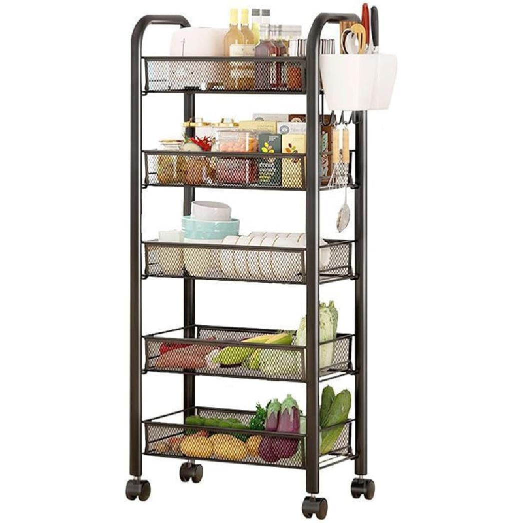 Slim Fruit Cart Fruit Basket Stand Vegetable Holder Stand for Kitchen Metal Wire Fruit Basket Organizer Stand for Kitchen Produce Storage Bins Rack 5-Layers