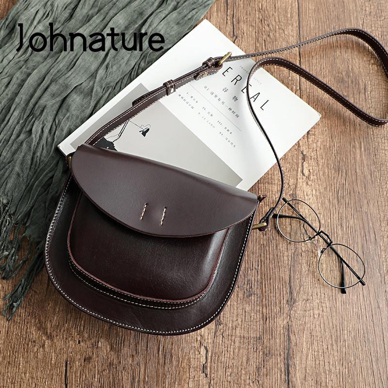 Johnature Simple Genuine Leather Women Bag Handmade Vintage Shoulder Bags Solid Color Natural Cowhide Messenger Bag