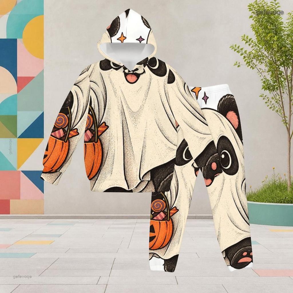 Girls Halloween Panda Ghost Printed Hooded Long Sleeve Kangaroo Pocket Cuffed Pants Two Piece Set