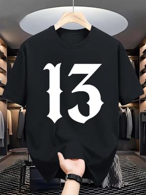 Men's Bold '13' Number Print T-Shirt - Black & White Contrast Short Sleeve