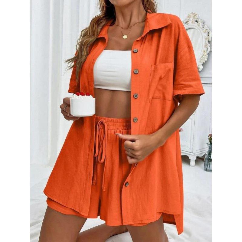 

Women s Casual Solid Color Two-Piece Set: Loose Short-Sleeved Shirt and Shorts XXL