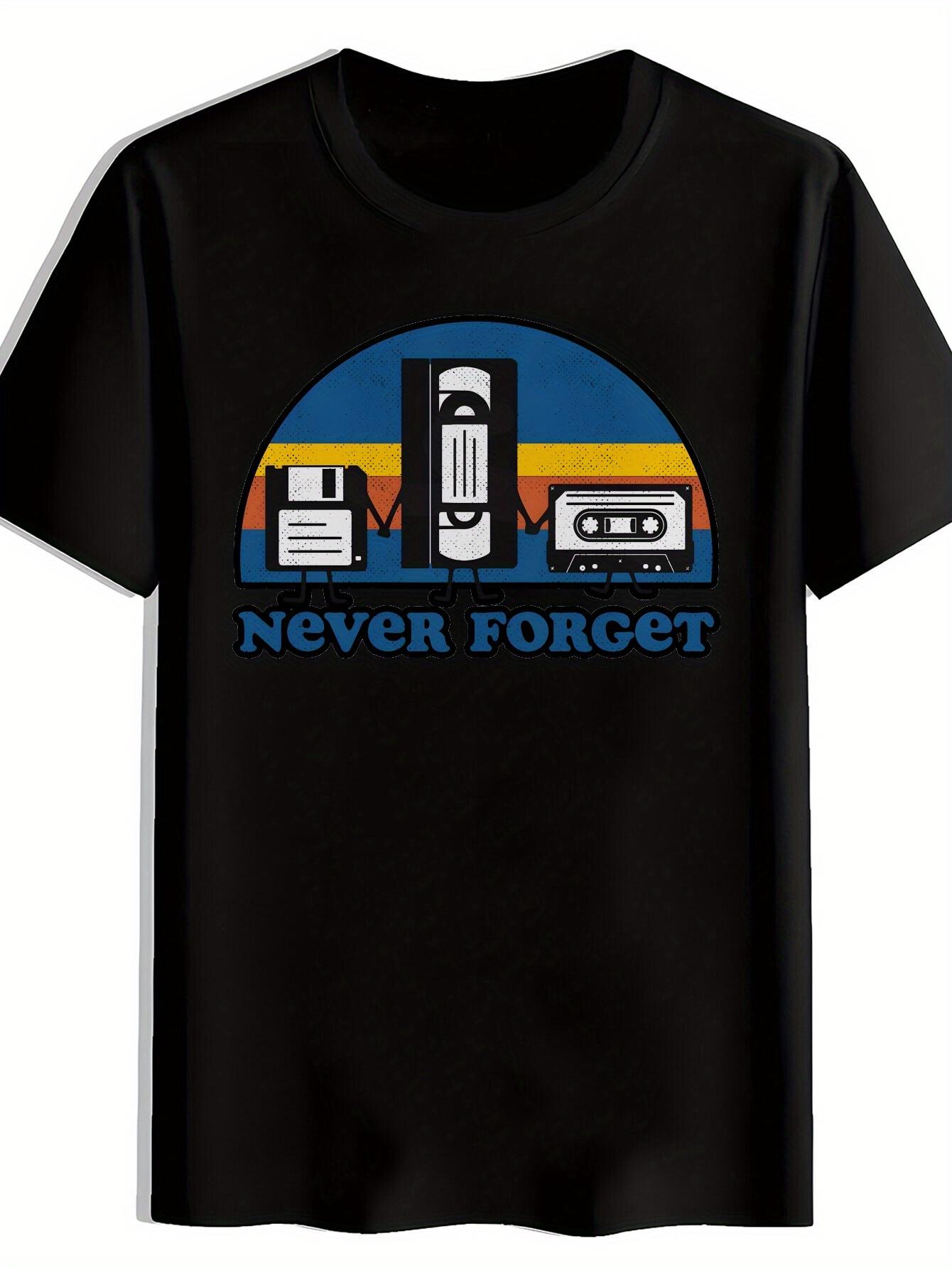 Retro Rock Band Graphic T-shirt - NEVER FORGET Design with Vintage Cassette & Boombox Print L