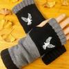 Gants en tricot sans doigts avec broderie de chat et patchwork, Gants décontractés ouverts aux doigts tendance pour femme, Mitaines chaudes d'hiver sans doigts