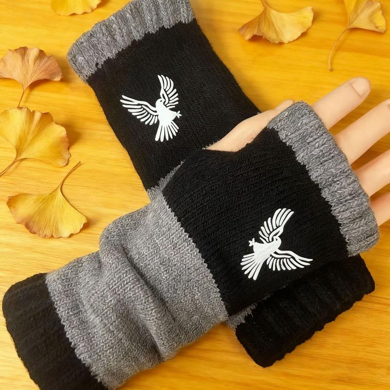 Gants en tricot sans doigts avec broderie de chat et patchwork, Gants décontractés ouverts aux doigts tendance pour femme, Mitaines chaudes d'hiver sans doigts