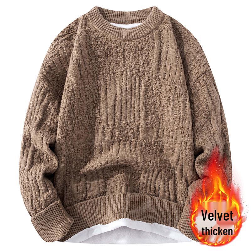Men's Plush Velvet Round Neck Sweater: Versatile, Casual Autumn/Winter Knitwear, Simple Solid Color, Trendy Inner Wear.