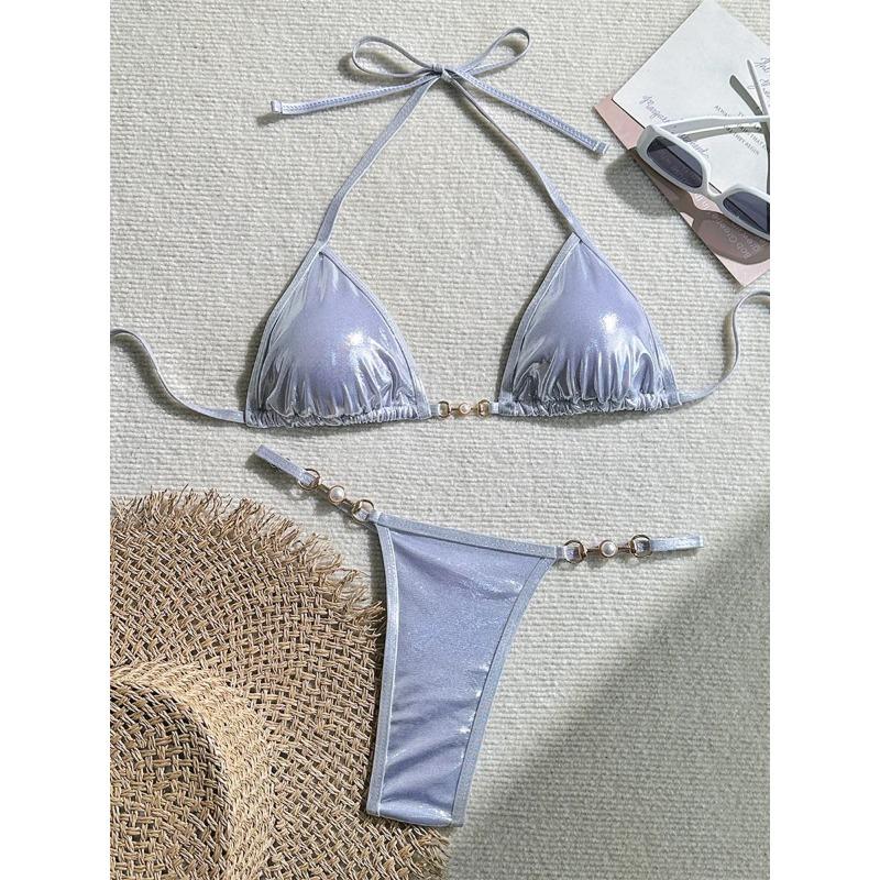 Shiny Pink Micro Bikini 2025 Mujer Women Sexy PU Pearls Push Up Thong Swimsuit Summer Bathing Suit Bandage Holiday Swimwear