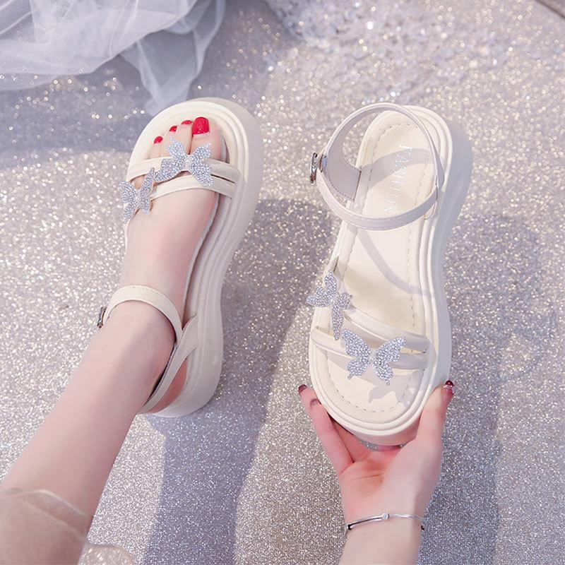 Muffin Thick-soled Heightening Cool Slippers Women's Summer Wear 2025 New Rhinestones with Skirts Beach Fairy Style Sandals