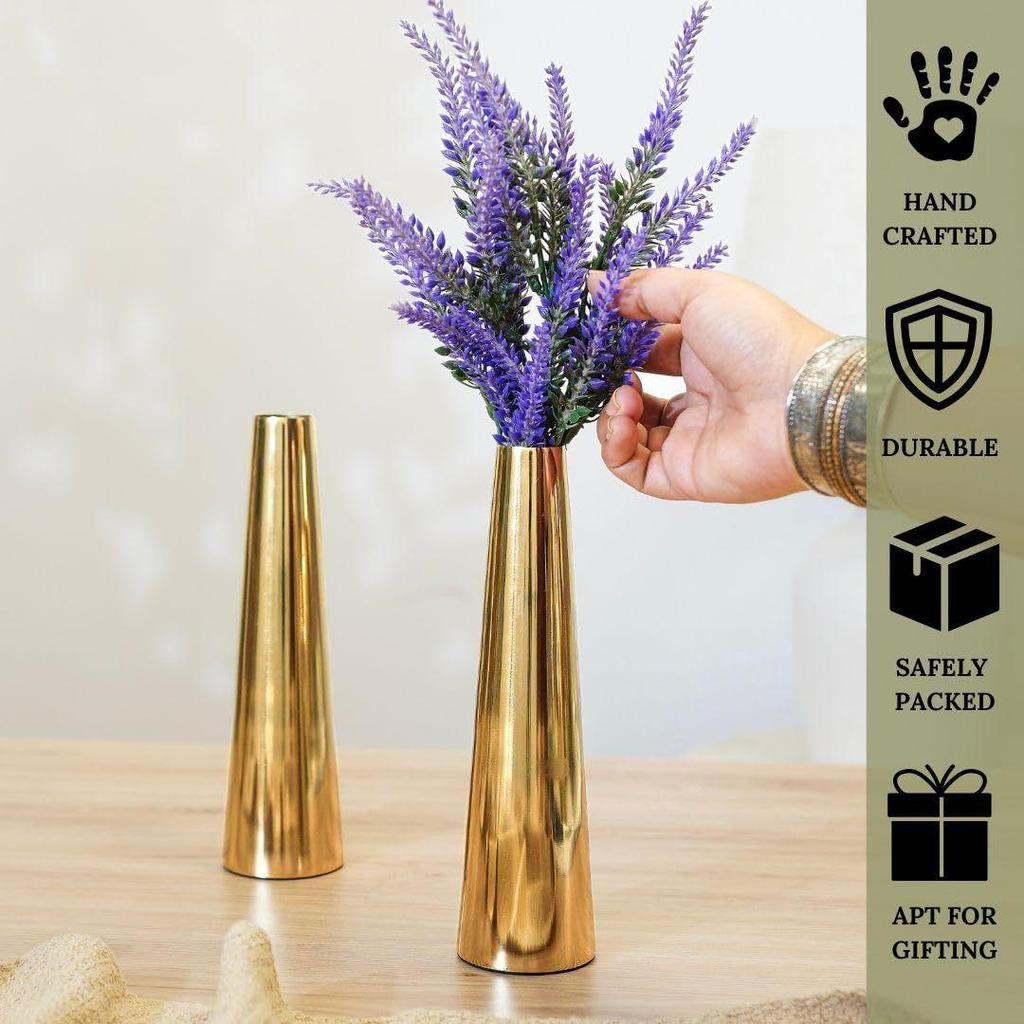 Golden Metal Slim Cone Flower Vase for Home Decor Bedroom Living Room Office Wedding Table Decorative Item for Festivals Birthday
