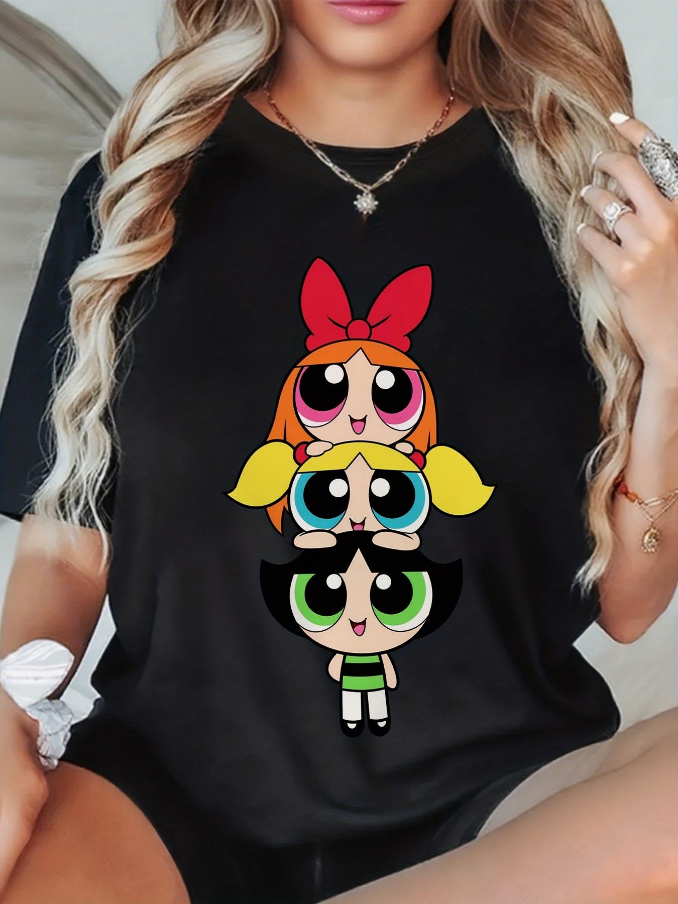 

European size - The Powerpuff s Women S L-5XL Oversized T-Shirt - Blossom, Buttercup Bubbles Graphic Print, Retro Cartoon Short Sleeve Round S чёрный