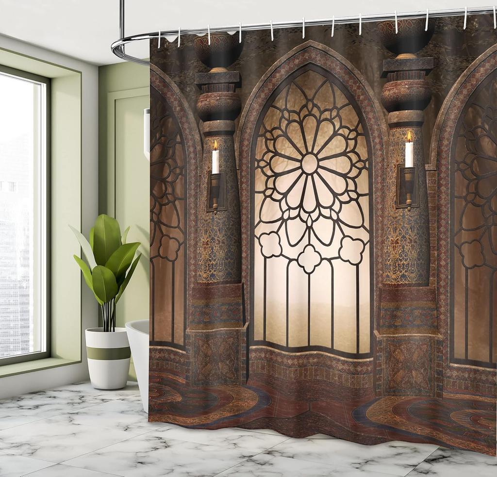 Gothic Cathedral Stained Glass Shower Curtain Medieval Art Decor Linen180X180