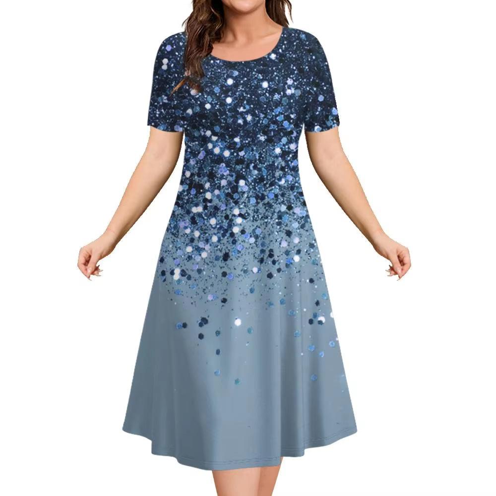 Elegant Women Short Sleeve Fashion 3d Print Midi Dress Plus Size Beach Clothing