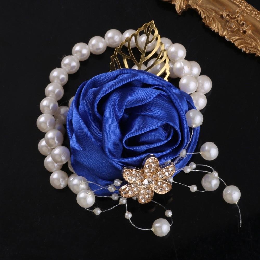 

Pearl Bridesmaid Wrist Flowers Ribbon Wedding Flower Bracelet Banquet Wrist Corsage Bride синий