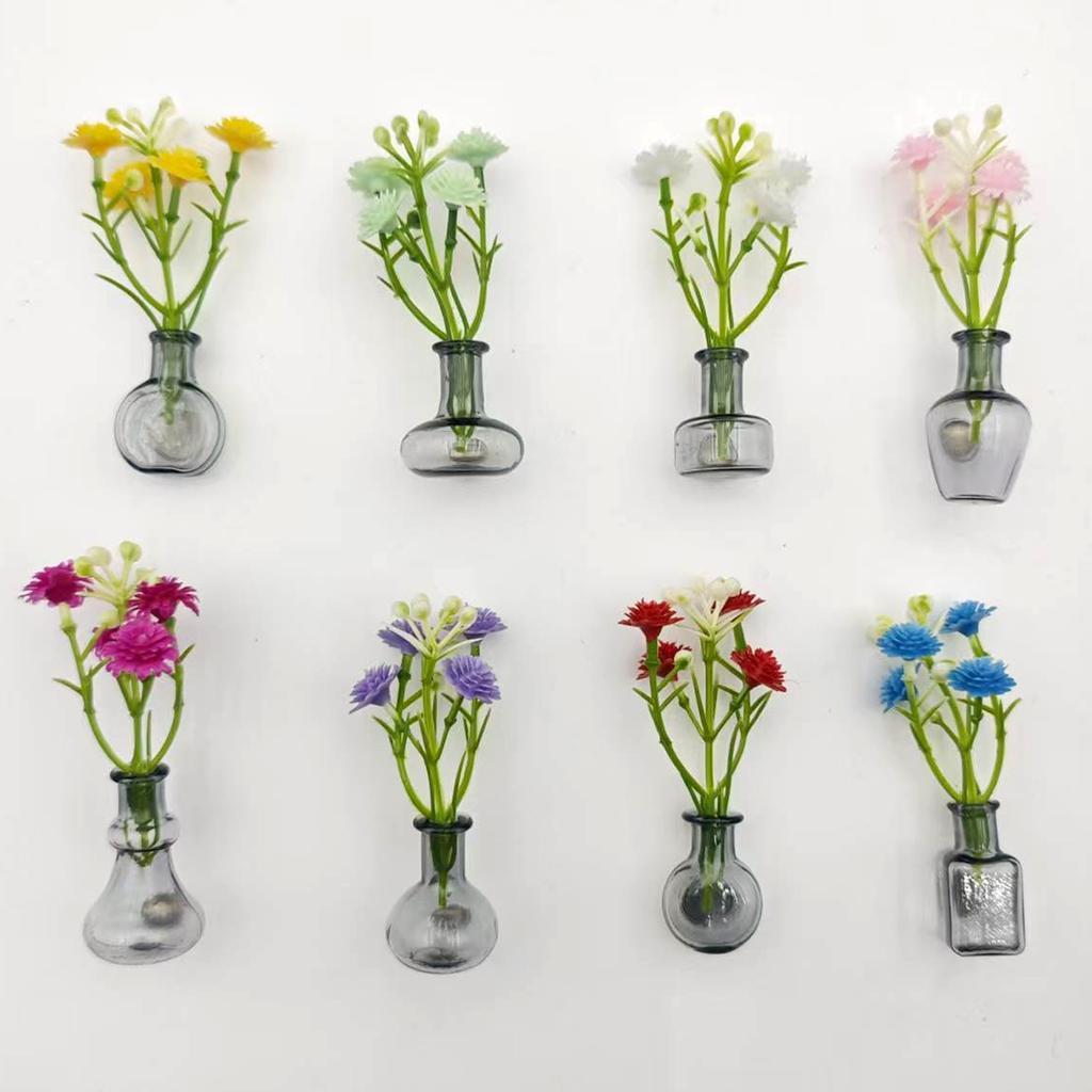 5/8pc Miniature Glass Vases with Faux Flowers Fridge Magnets Set, Artificial Plants Refrigerator Magnet for Kitchen Office Decor