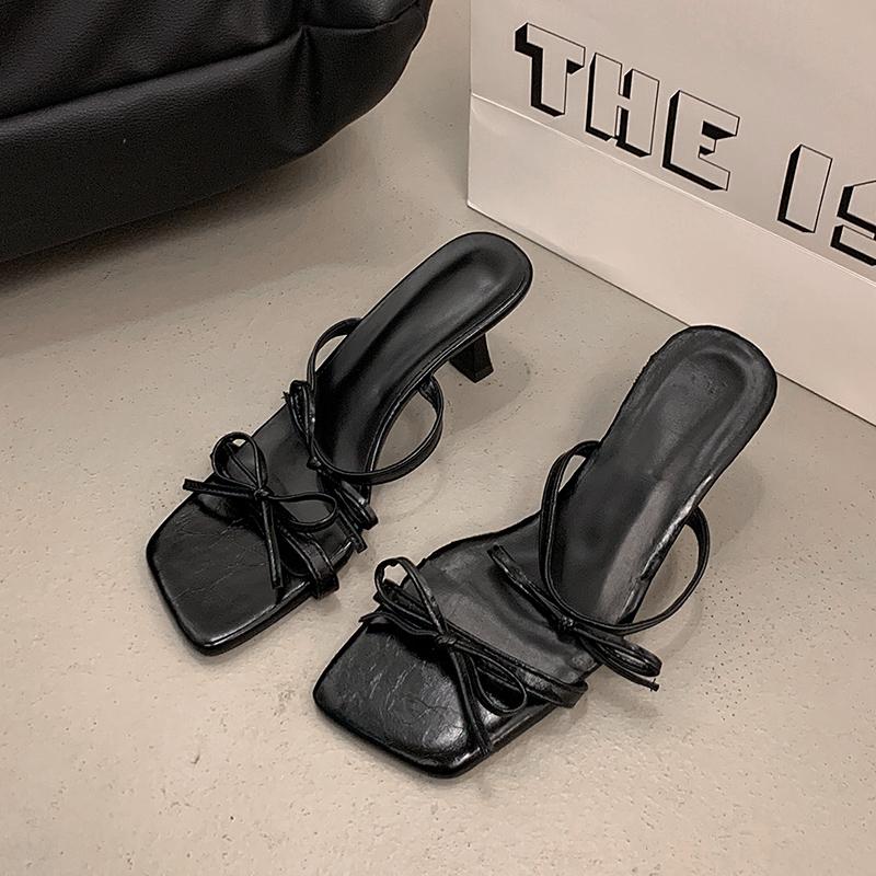 

Fashion New Elegant Bowknot High Heels Sandals Women Square Toe Design Thin Heels Slippers Woman Fashion Slip On Party Shoes Female 35