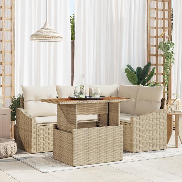 VidaXL Ensemble de salle à manger de jardin 5 pièces avec coussins beige poly rotin acacia 3349833