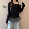 Top de Manga Larga a Cuadros Patchwork Asimétrico Hombros Descubiertos Talla Grande - Adelgazante, Corte Holgado para Primavera y Otoño