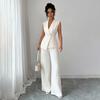 Women's Relaxed Fit Two Piece Pantsuit Sleeveless Blazer Top High Waist Wide Leg Trousers Solid Color Elegant Commuter Matching Outfit