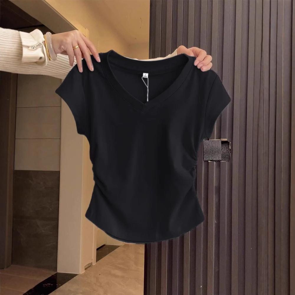 Women Cotton V-neck Short Sleeve T-shirt Slim Fitted Pleated Design Cropped Top Summer