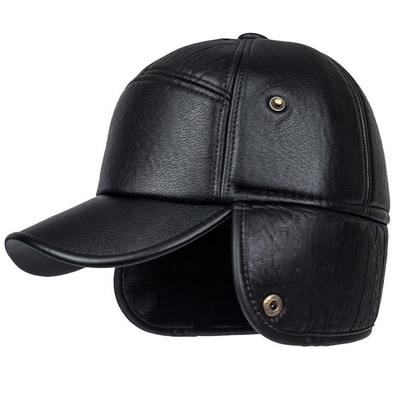 Winter Leather Cap with Ear Flaps Plush Lined Thermal Warm Windproof Cold Weather Baseball Hat for Men Women Outdoor Activities