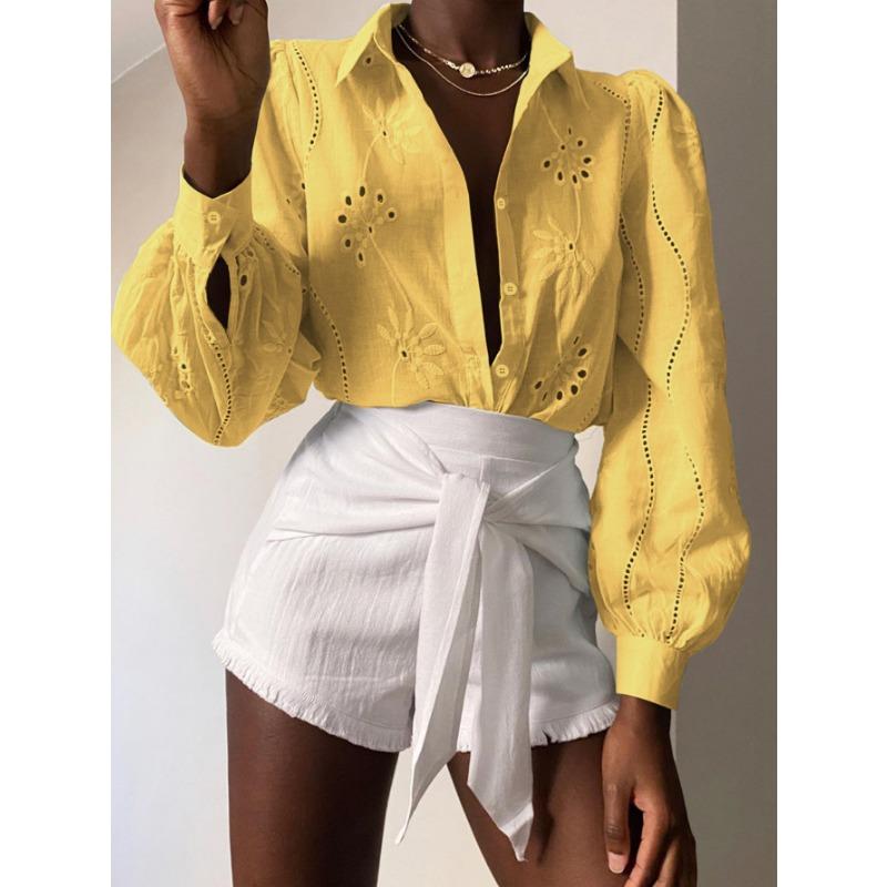 

Женская мода, повседневные весенне-осенние однотонные рубашки-поло с длинным рукавом и принтом, блузки и рубашки XL жёлтый