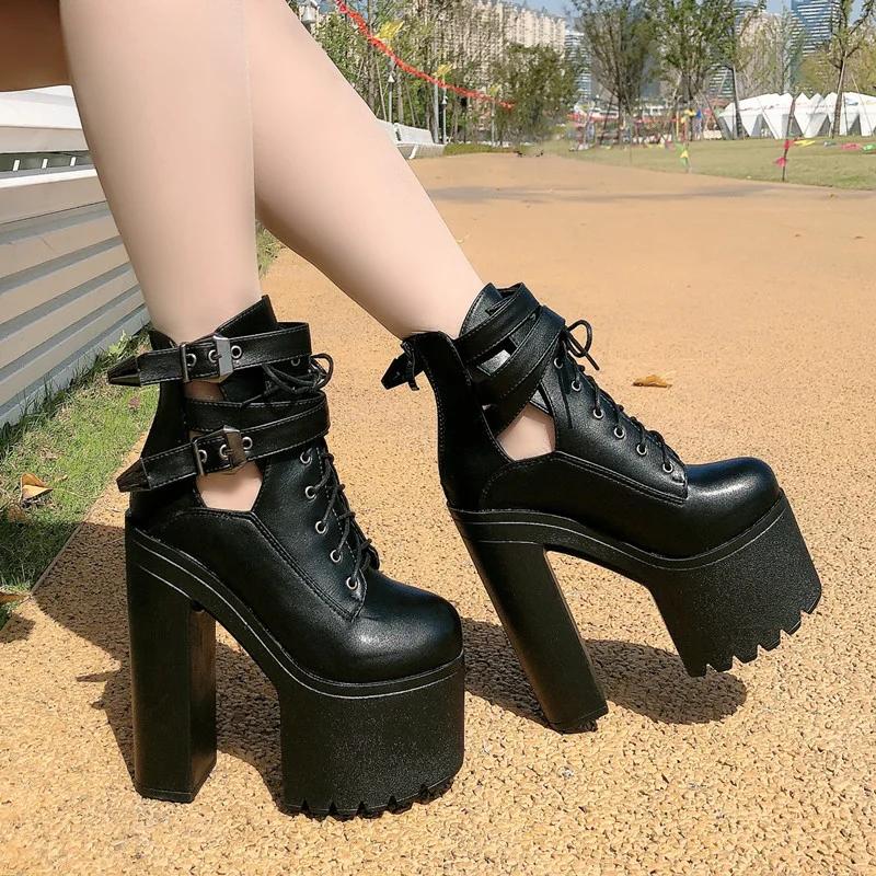 15CM Spring Autumn Fashion Women Boots High Heels Platform Buckle Lace Up Leather Short Booties Black Ladies Shoes Promotion