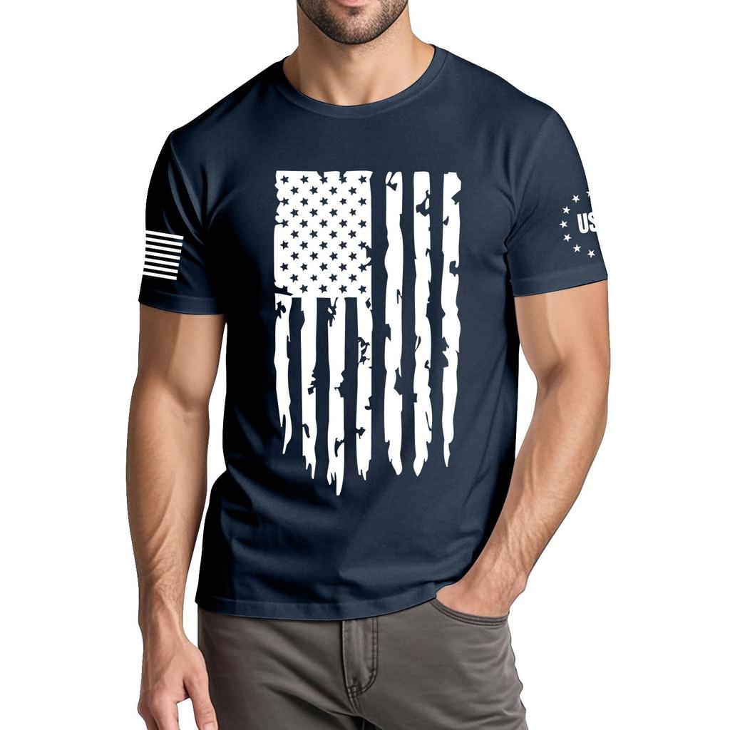 Menns moteriktige avslappede Independence Day trykte t-skjorte med rund hals og korte ermer