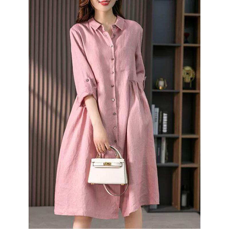 2025 Spring/Autumn Artistic Casual Loose Plus Size Women's Linen Slimming Shirt Dress