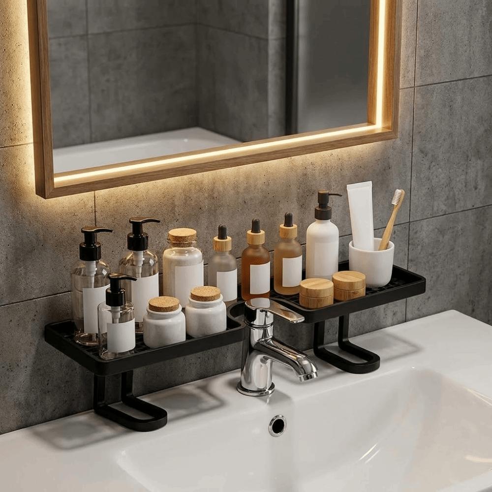 No Drill Bathroom Storage Rack Plastic Bathroom Sink Shelf Faucet Storage Shelf for Kitchen