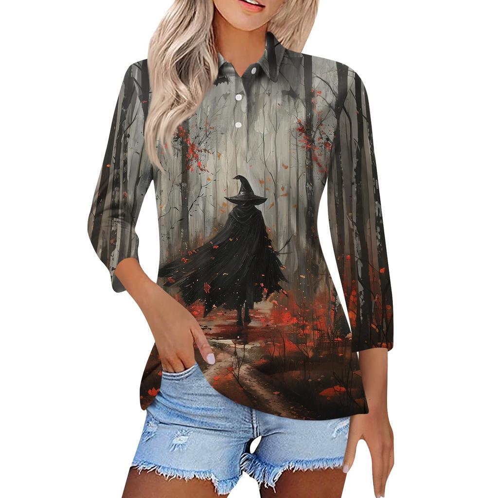 Women's Fashion Casual Lapel Short 3/4 Sleeve Halloween Print Shirt Women's Button Up Tops