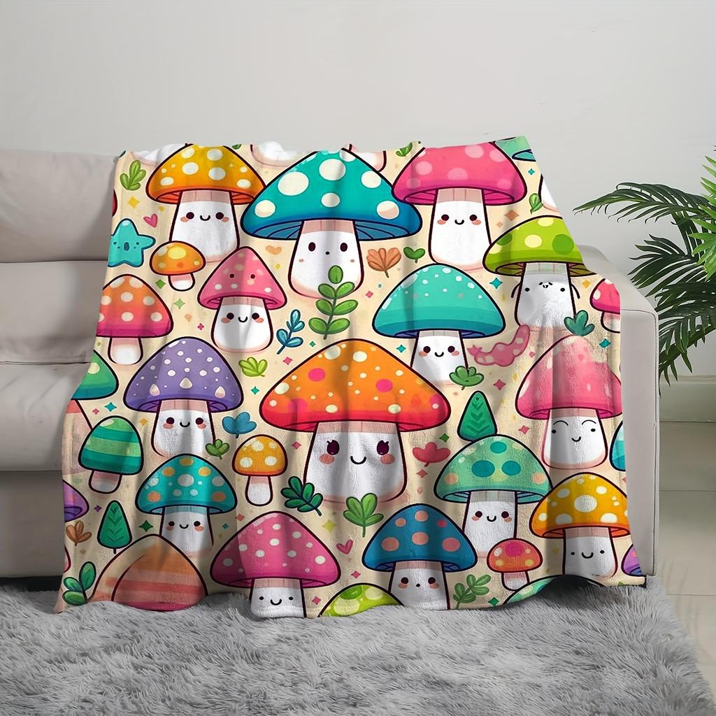 Fun Mushroom Digital Print Throw Blanket, Soft Cozy Warm Blanket for Bed Sofa Couch Camping, Birthday Holiday Gift, 1PC