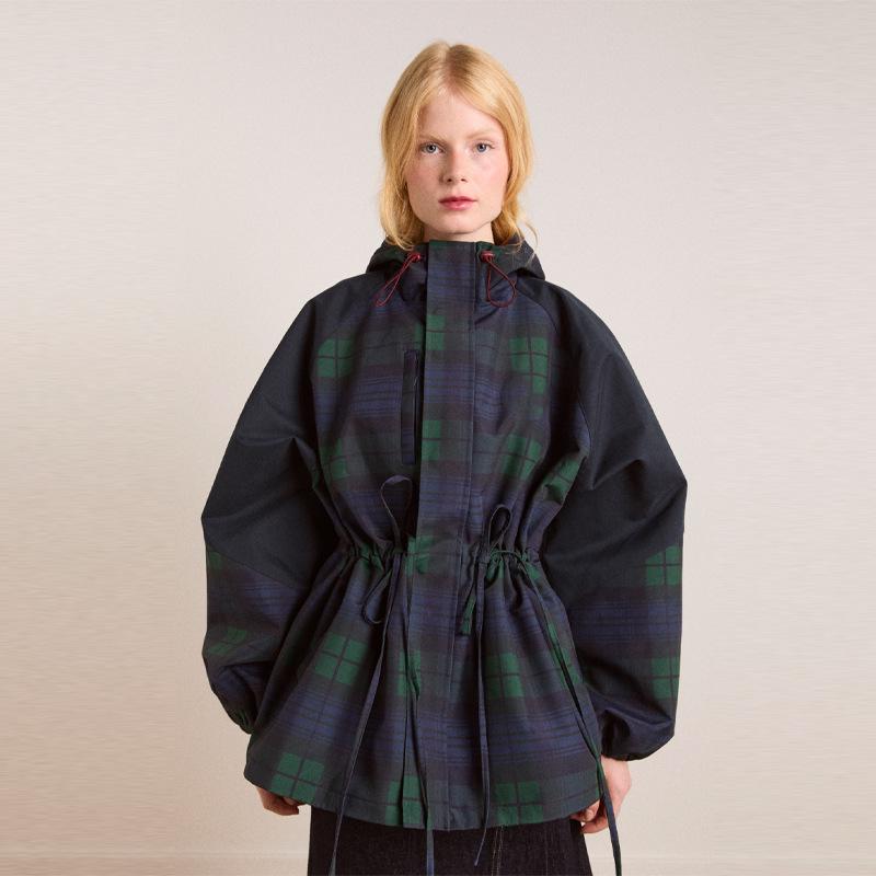 Lässige Color-Block-Jacke mit Stehkragen und Tunnelzug in der Taille für Damen - Herbstkollektion 2025 Small black