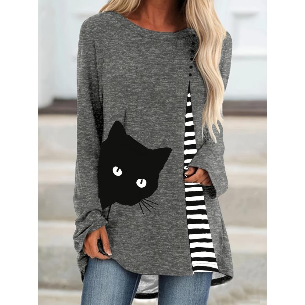 Women Crew Neck Long Sleeve Tunic Top Grey Black Cat Stripe Splicing Print Loose Casual Blouse XL