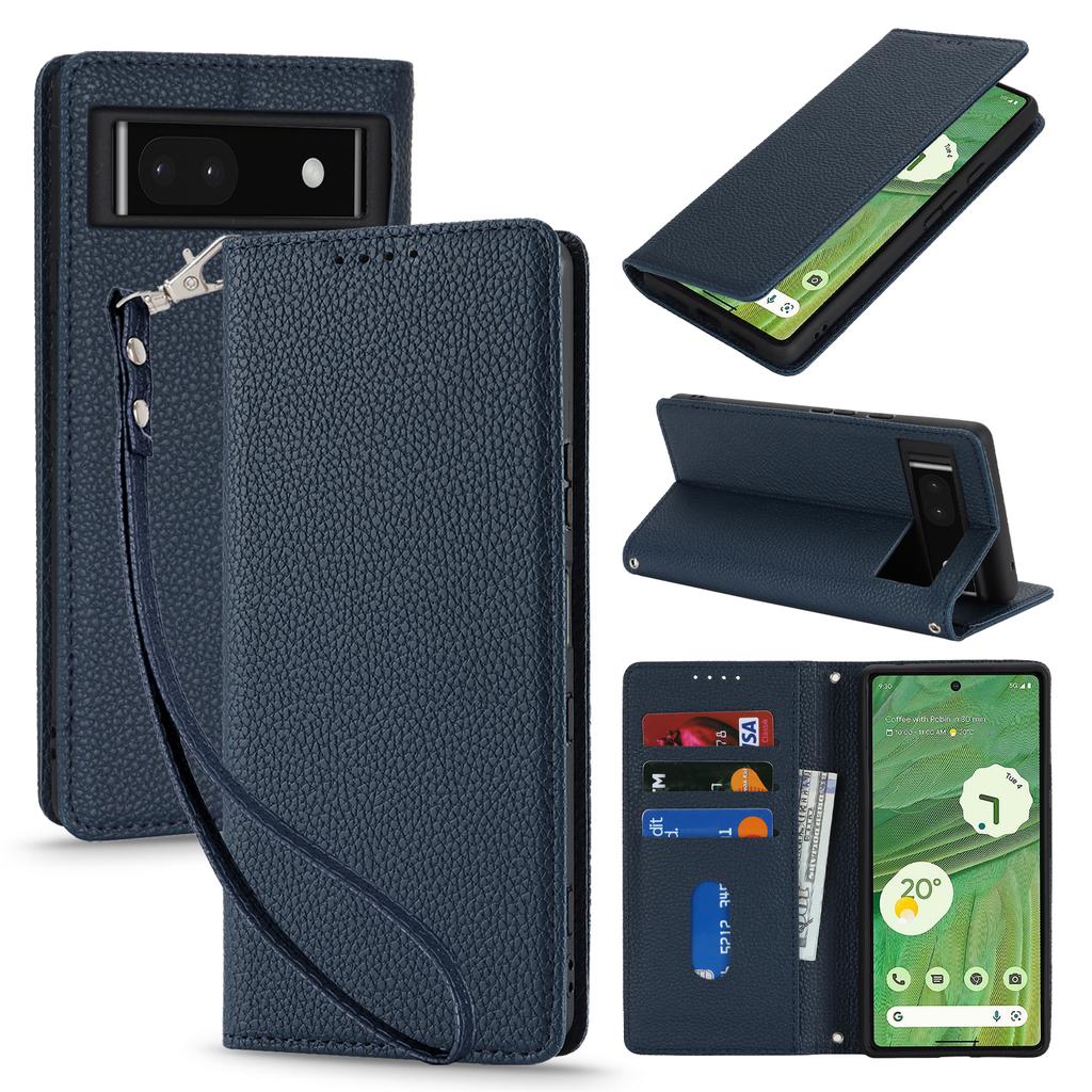 For Google Pixel 7 5G Case Stand Wallet Litchi Texture Leather Flip Phone Cover with Strap