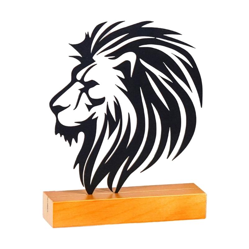 

Metal Lion Statue Figurine Hollow Iron Animal Sculpture with Wood Base Table Centerpieces Decors Home Desktop Ornament 1
