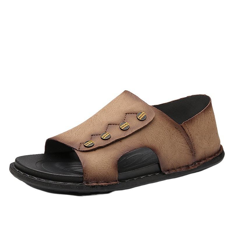 2025 spring and summer men's leather sandals, trendy breathable soft-soled men's shoes outdoor, foot shoes