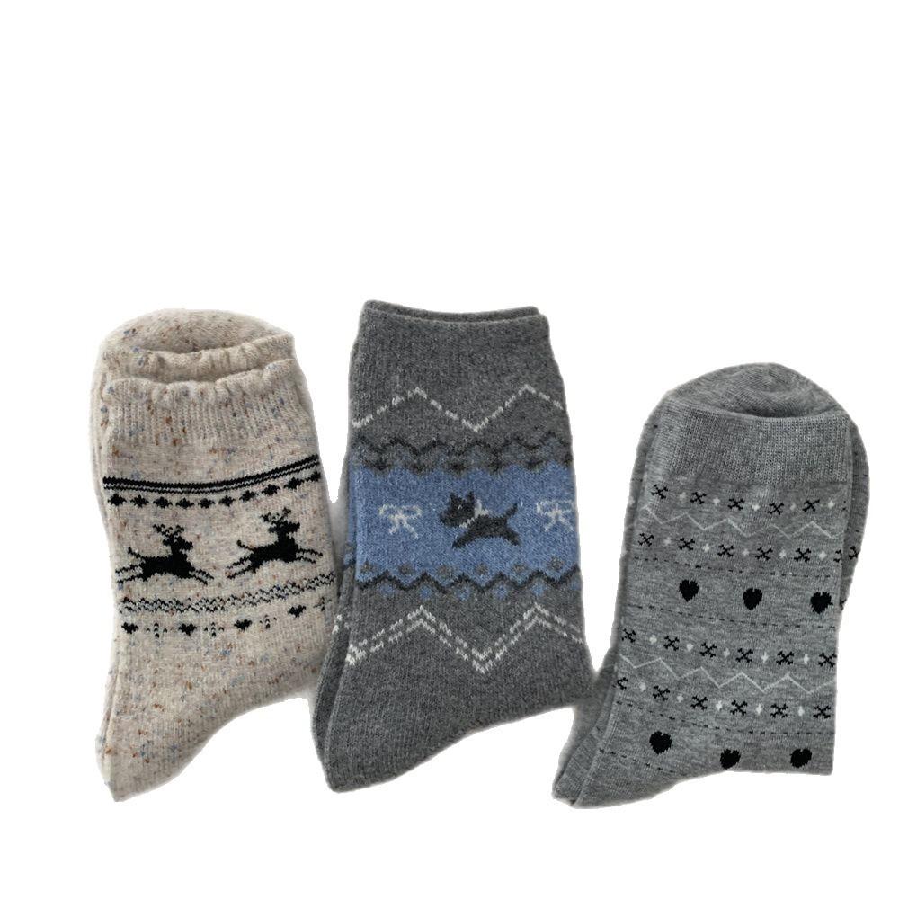 Girls' Grey Fair Isle Mid-Calf Cotton Socks, Autumn/Winter Warm Heart Pattern, Long Student Socks